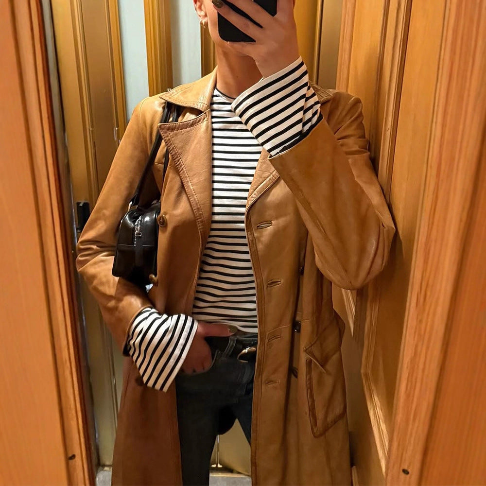 Women's Longer Tailored Leather Trench Coat with Double-Breasted Button Placket and Notched Collar Mune Fashion
