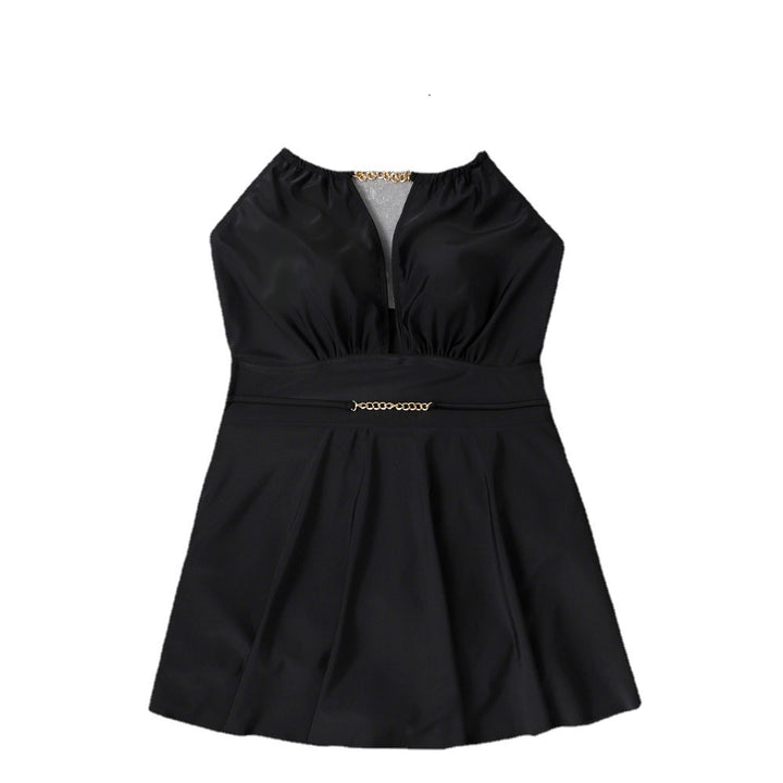 Women's beach dress with deep V-neck and decorative chain detail Mune Fashion