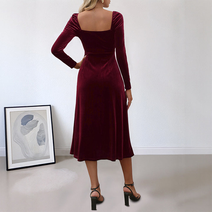 Ladies Elegant Velvet Midi Dress with Shoulder Pads and Slit Mune Fashion