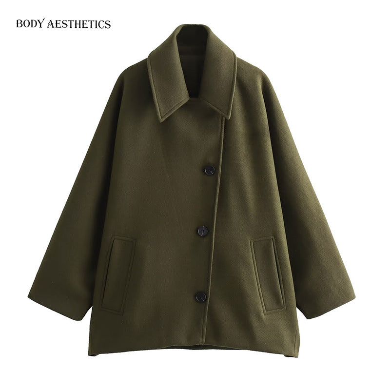 Women Oversized Wool Blend Boxy Short Coat with Lapel Collar and Insert Pockets Mune Fashion