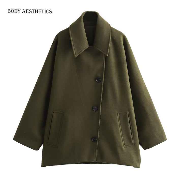 Women Oversized Wool Blend Boxy Short Coat with Lapel Collar and Insert Pockets Mune Fashion