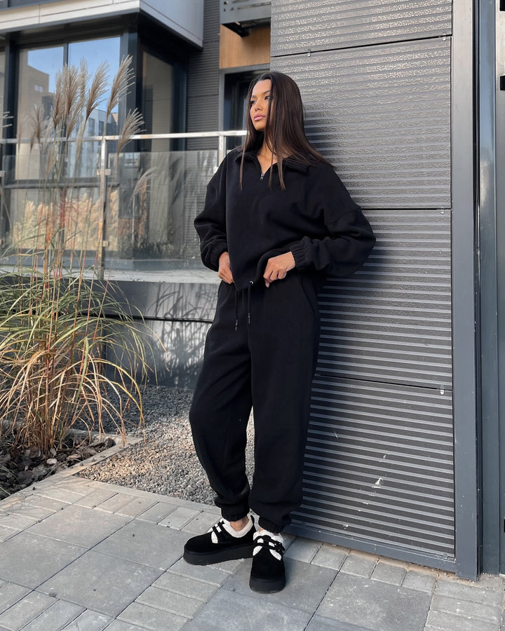 Women's Ultra-Soft Fleece Relax Set with Stand-Up Collar, Half Zipper and Elastic Slip Pants Mune Fashion