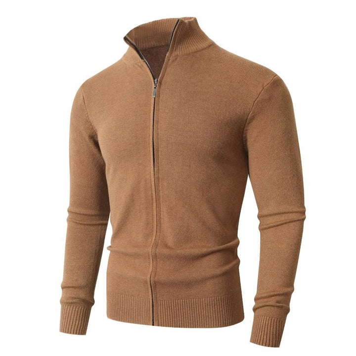 Men's Slim Fit Fine Knit Cardigan with Double Zipper and Stand Collar Mune Fashion
