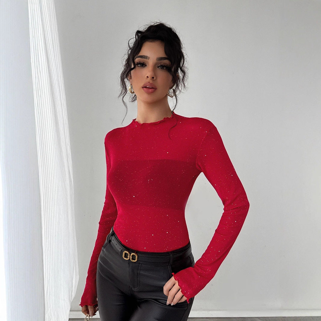 Women's figure-hugging fine knit top with stand-up collar and glitter yarn Mune Fashion