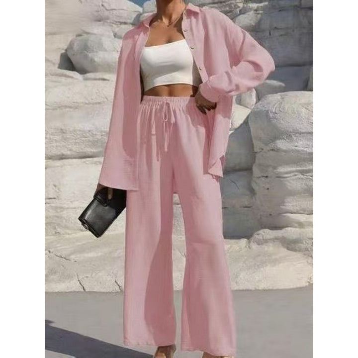 Women's Two-Piece Linen Look Loungewear Set with Oversized Shirt and Wide Comfort Palazzo Mune Fashion