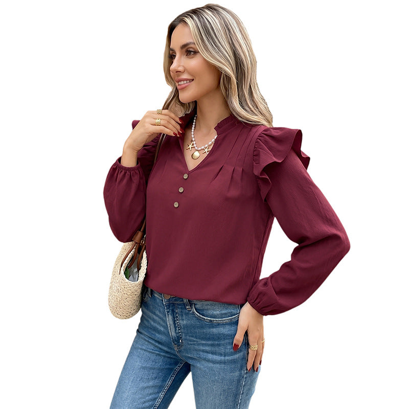 Women's ruffle blouse with stand-up collar, V-neck and decorative button placket Mune Fashion