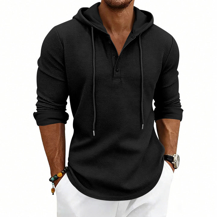 Men's Textured Hooded Long Sleeve Shirt with Button Placket and Waffle Texture Mune Fashion