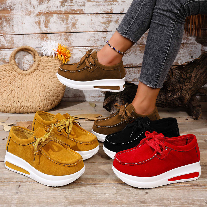 Ladies Velour Moccasin Plateau Sneaker with hidden wedge and padded comfort footbed Mune Fashion