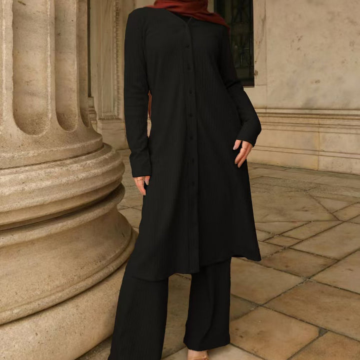 Ladies' Modest Button Tunic Set with Straight Silhouette, Long Sleeves and Wide Palazzo Pants