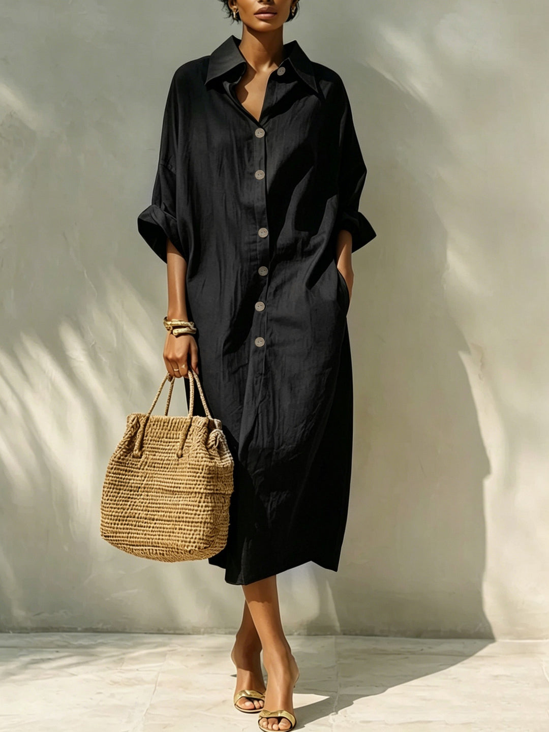 Women's Long Oversized Shirt Dress with Kent Collar and Continuous Button Placket Drune