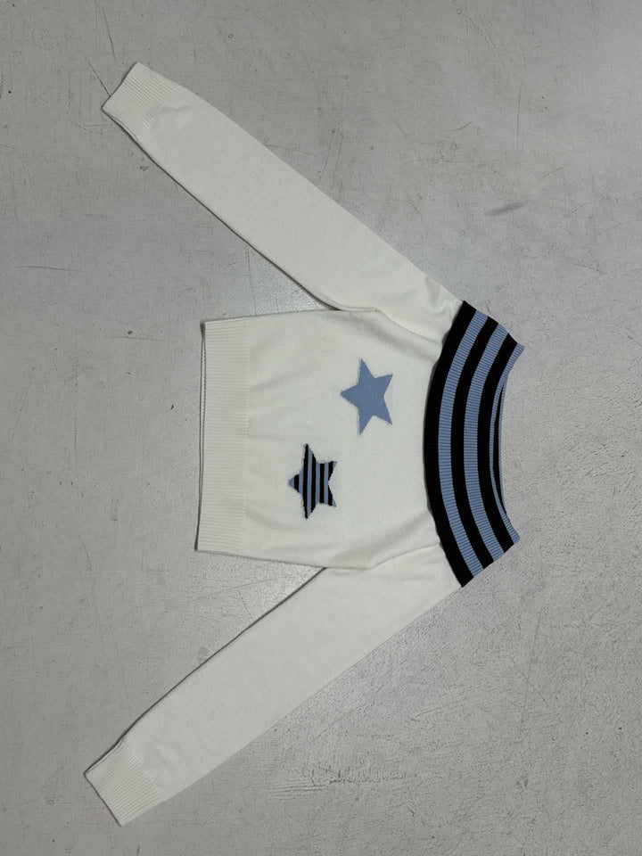 Women's Off-Shoulder Fine Knit Sweater with Fold-Down Collar and Star Application Mune Fashion