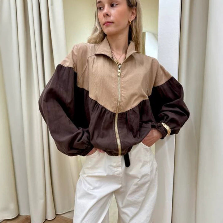 Women's short cut multicolored bomber jacket with drawstring, raglan sleeves, and zipper Mune Fashion
