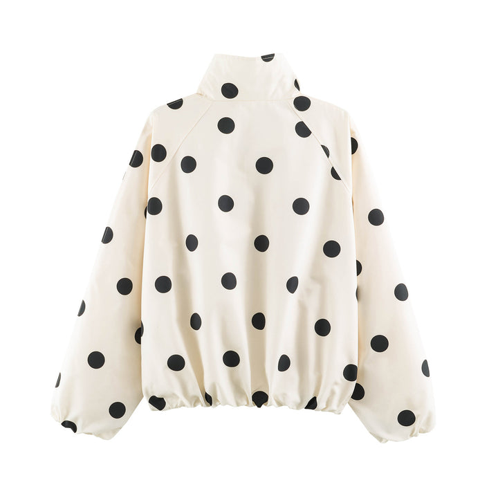 Women's Oversize Dot Bomber Jacket with High Stand Collar and Elastic Hem Mune Fashion