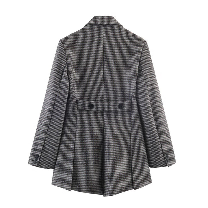 Women's Double-Breasted Houndstooth Blazer with Open Slit Hem and Tailored Silhouette Mune Fashion