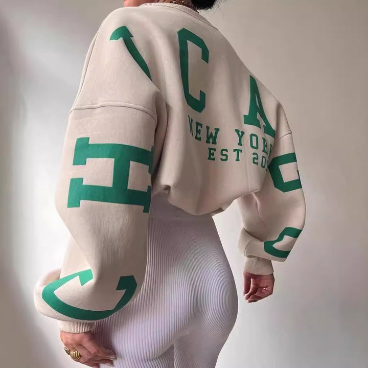 Women's Oversized Sweatshirt with Block Print Sleeves and Wide Drop Shoulder Cut Mune Fashion