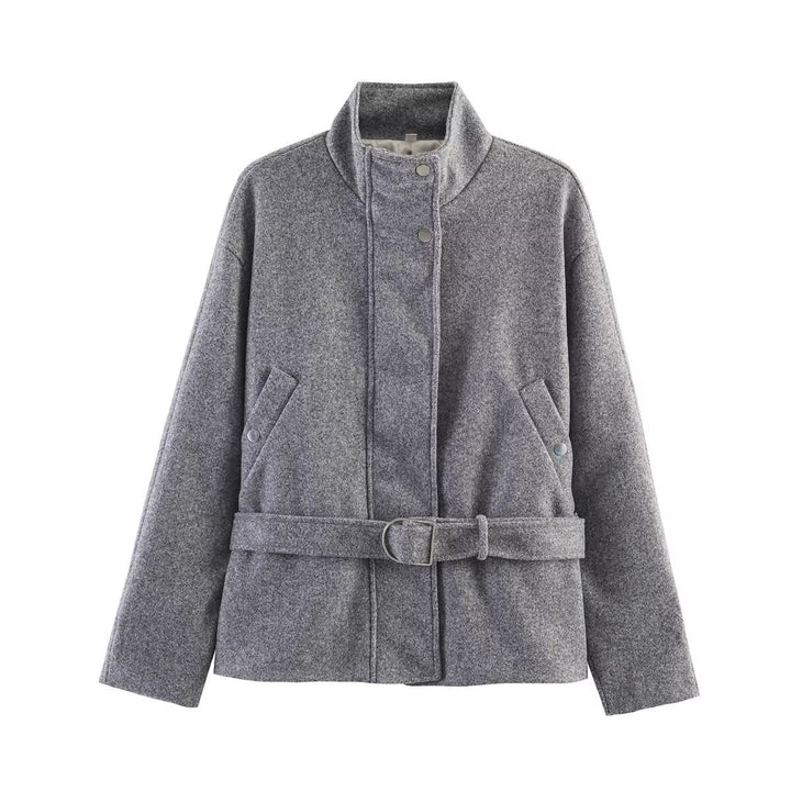 Women's Boxy Wool Jacket with Stand-Up Collar, Concealed Snap Button Placket and D-Ring Waist Belt Mune Fashion