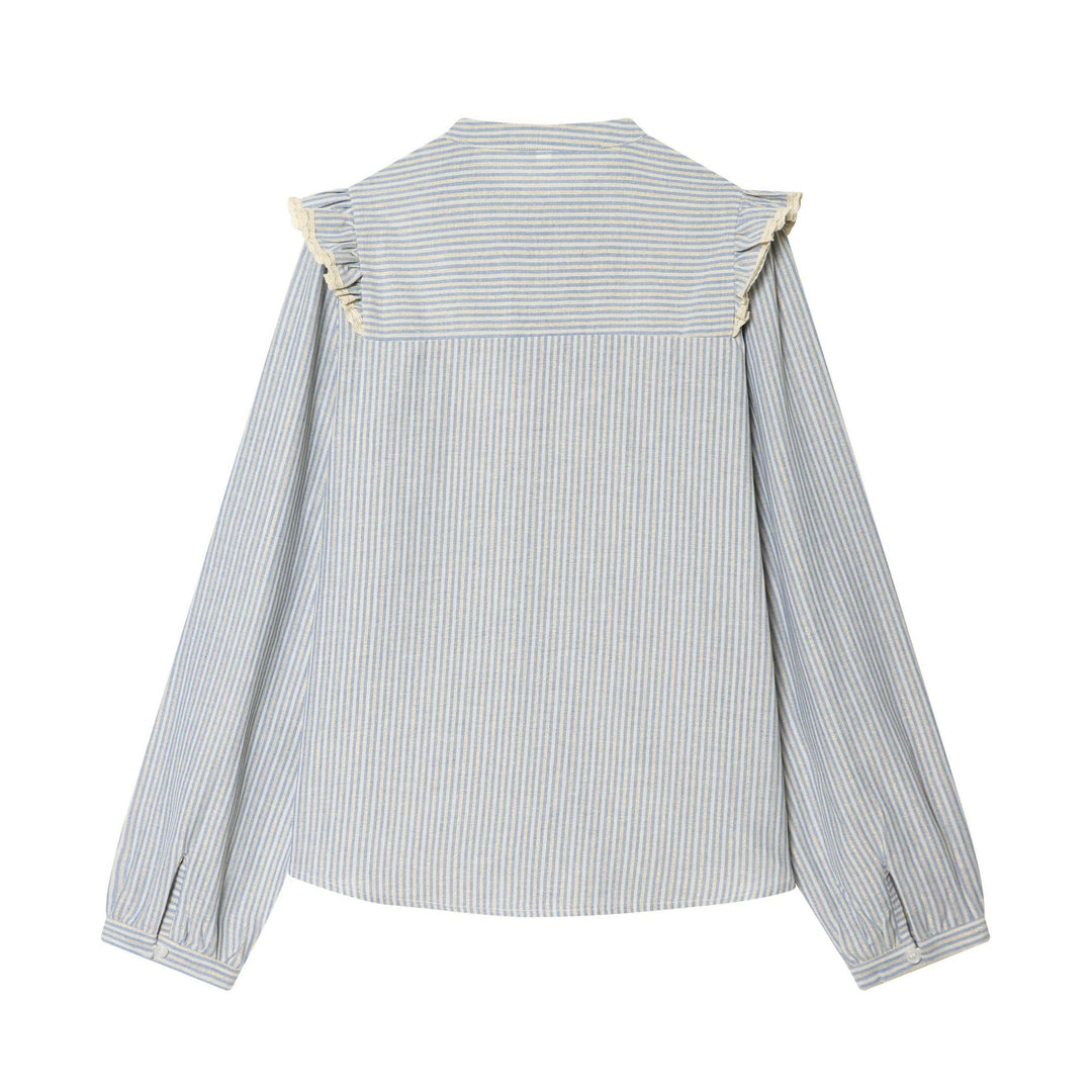 Women Striped Cotton Blouse with Square Bust Yoke, Ruffle and Lace Trim Mune Fashion