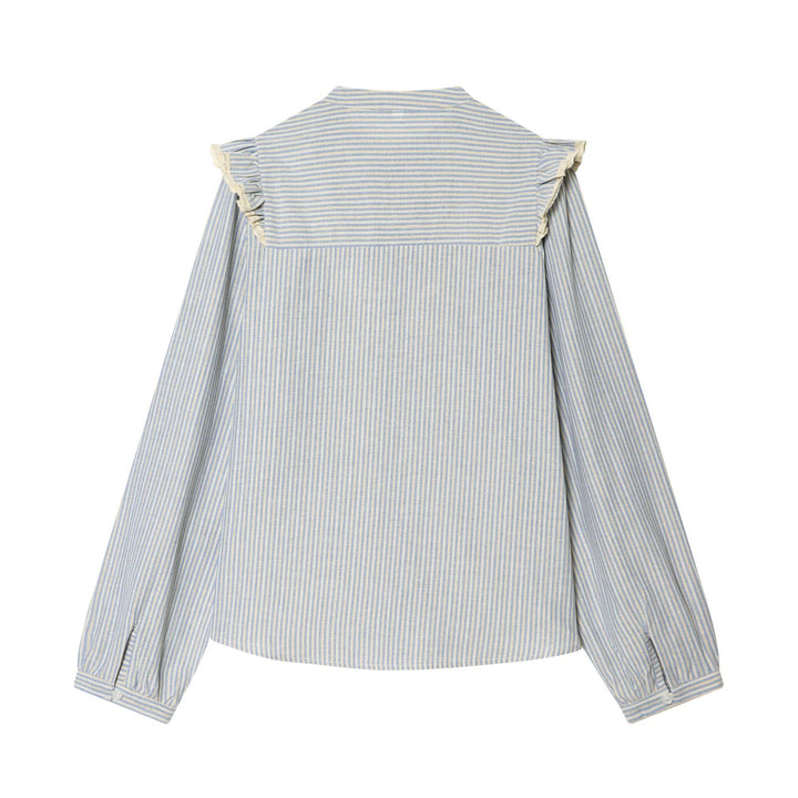 Women Striped Cotton Blouse with Square Bust Yoke, Ruffle and Lace Trim Mune Fashion
