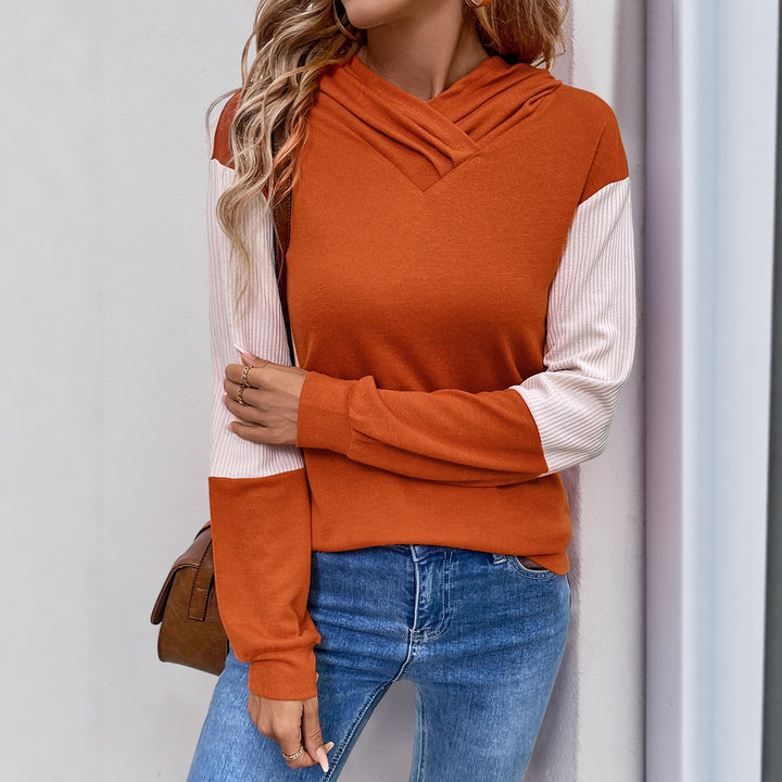 Women's Casual Hoodie with V-neck, Contrast Sleeves and Ribbed Cuffs Mune Fashion