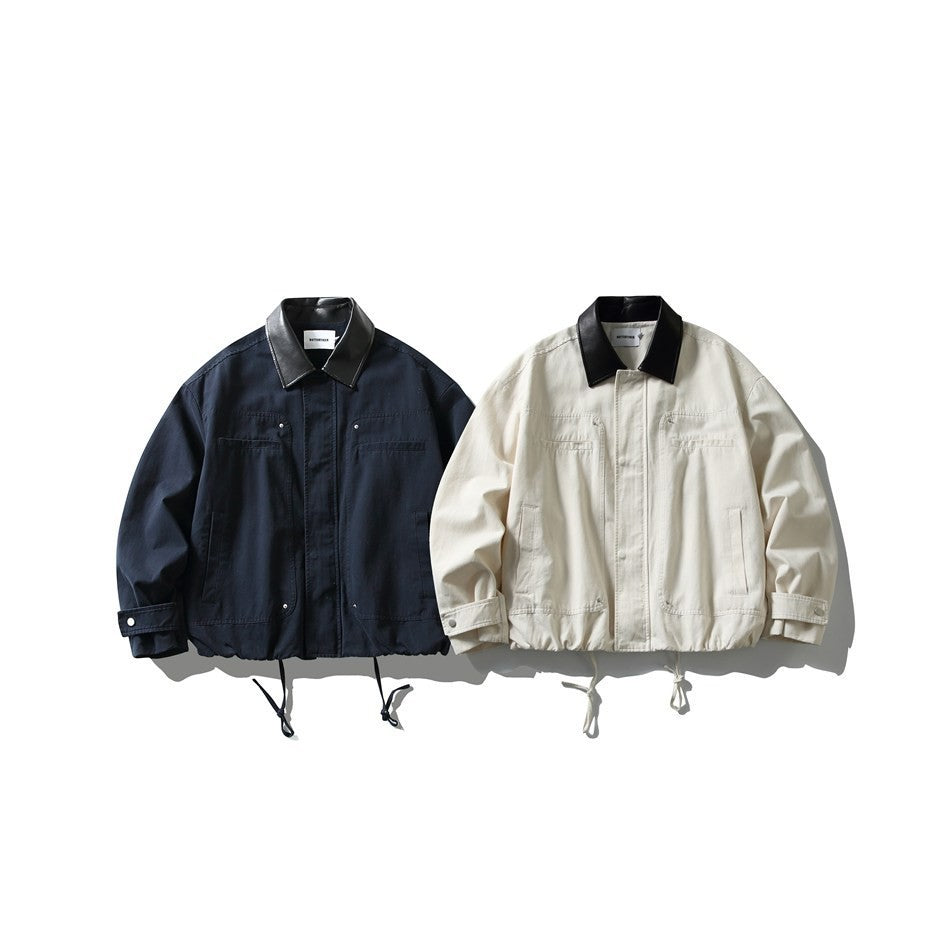 Men's short-cut boxy blouson jacket with faux leather collar, drawstring hem, and snap button cuffs Mune Fashion