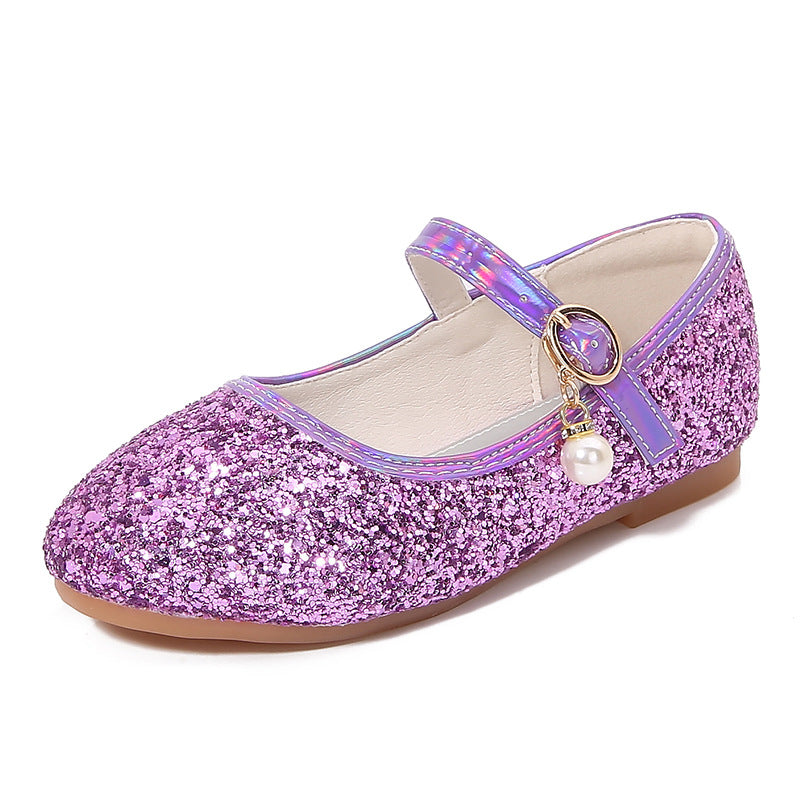 Girl Glittering Mary Jane Ballet Flats with Pearl Application Mune Fashion