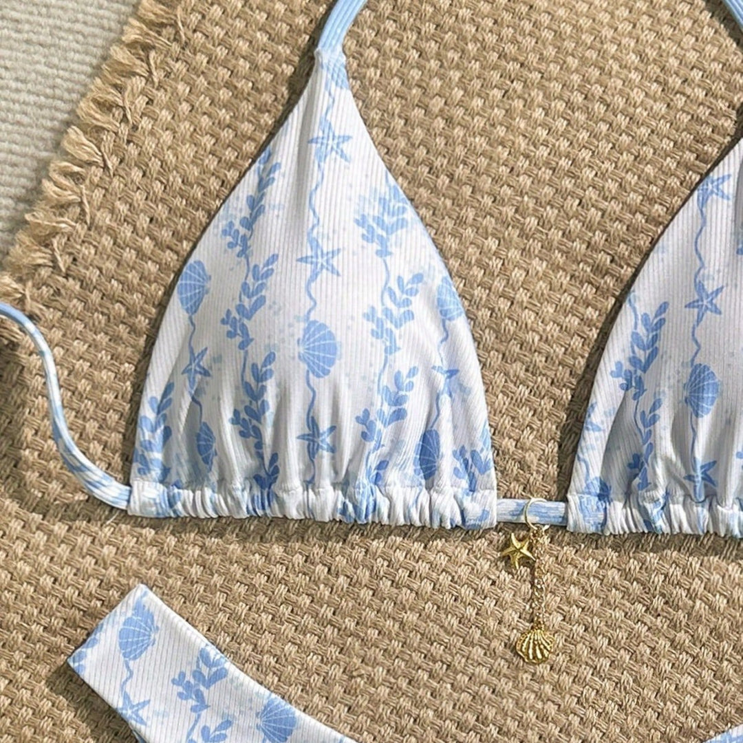 Women Triangle Bikini with Maritime Pattern and Adjustable Ties Mune Fashion
