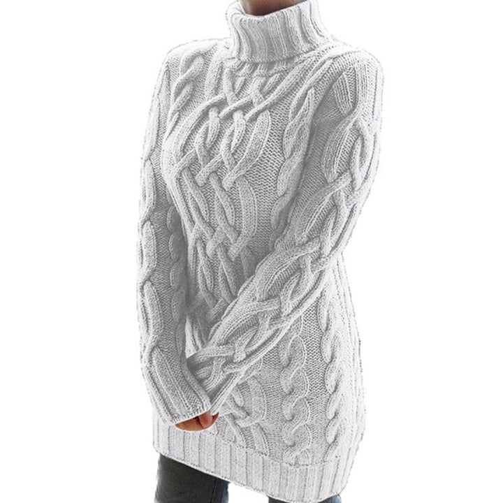 Women Oversized Knit Dress with Distinctive Cable Pattern and Turtleneck Mune Fashion