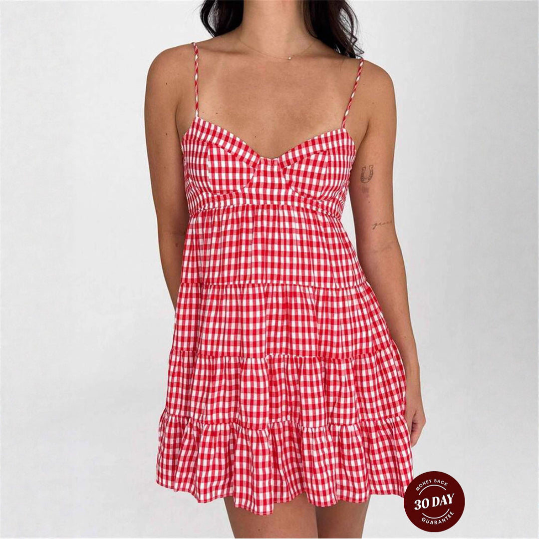 Women's airy checkered strap dress with heart-shaped neckline and tiered ruffle skirt Mune Fashion