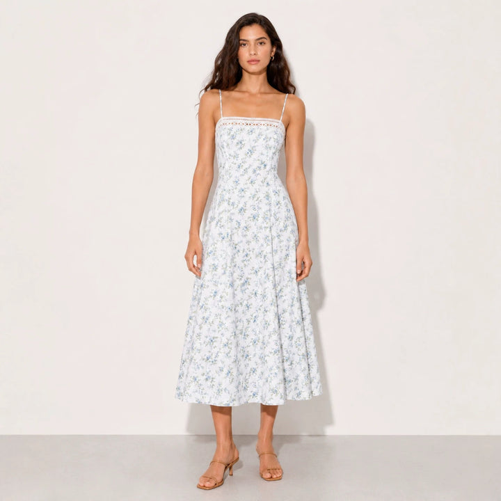 Women's Vintage-inspired Midi Dress with Slim Spaghetti Straps, Lace Insert and Flared Skirt Mune Fashion