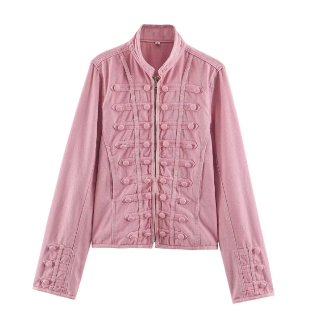 Women Tailored Short Jacket in Historical Uniform Style with Stand-Up Collar Mune Fashion