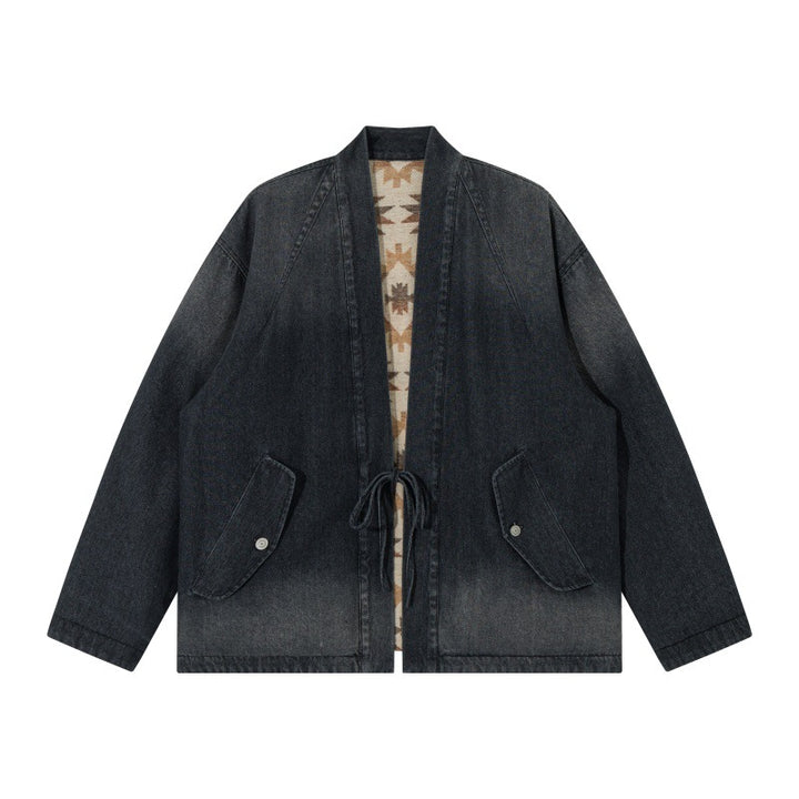 Unisex Jeans Kimono Jacket with Tie Belt and Patterned Lining Mune Fashion