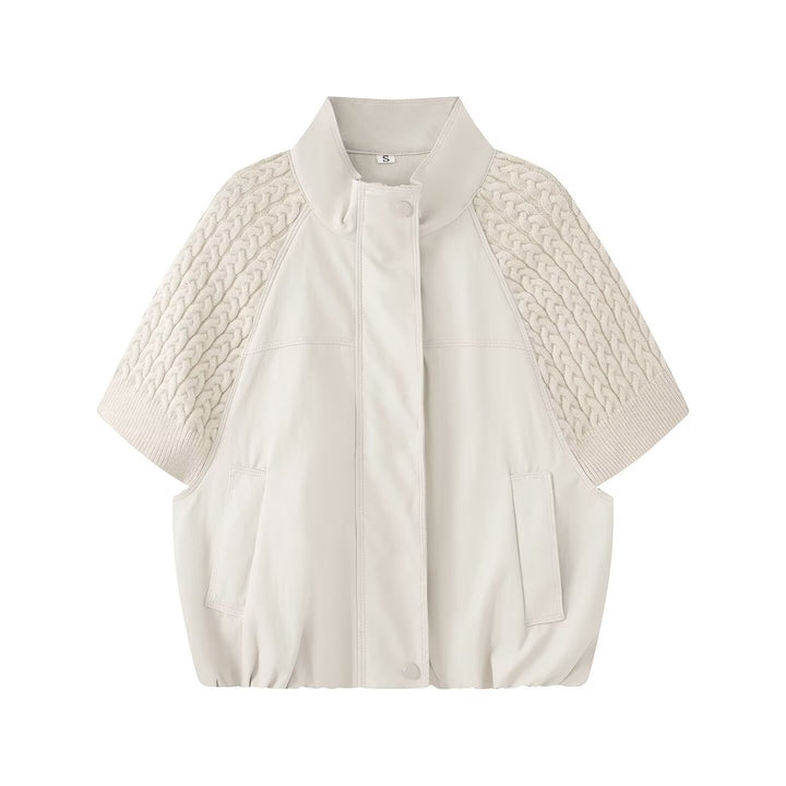 Women's Short Lamb Leather Vest with Stand-Up Collar and Knitted Cable Puff Sleeves Drune