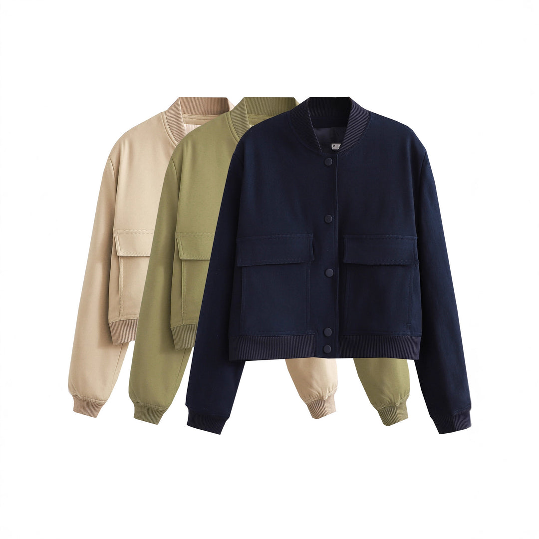 Ladies Short Bomber Jacket with Large Flap Pockets and Ribbed Cuffs Mune Fashion