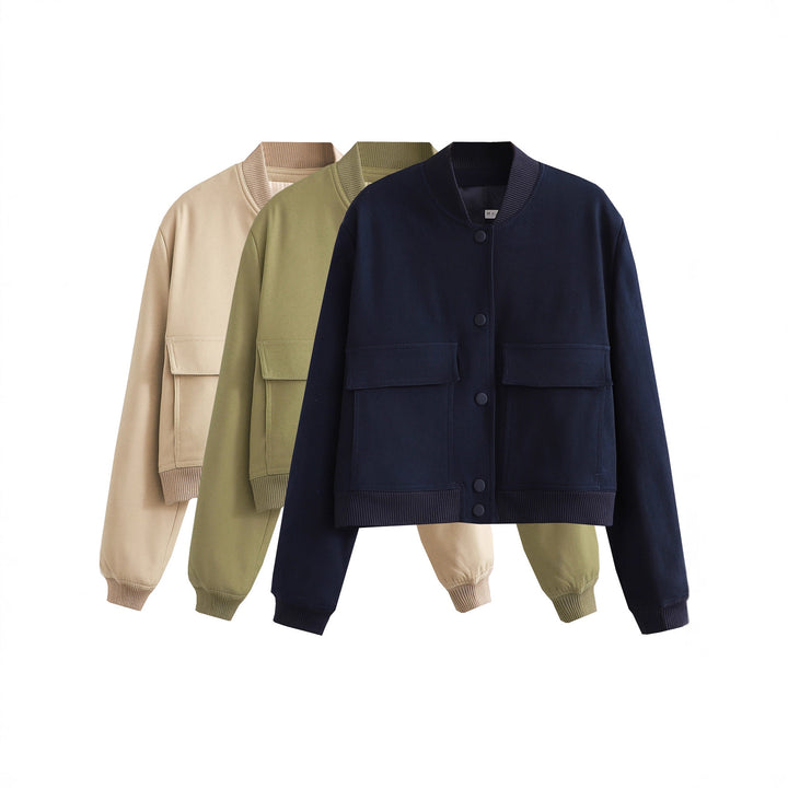Ladies Short Bomber Jacket with Large Flap Pockets and Ribbed Cuffs Mune Fashion