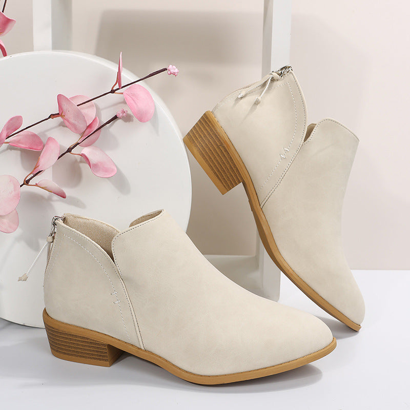 Women's nan lightweight slip-on ankle boots made of faux suede with V-cut design, cushioned comfort insole, and stacked block heel Mune Fashion