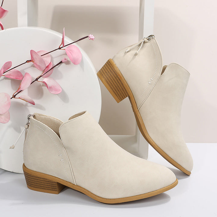 Women's nan lightweight slip-on ankle boots made of faux suede with V-cut design, cushioned comfort insole, and stacked block heel Mune Fashion
