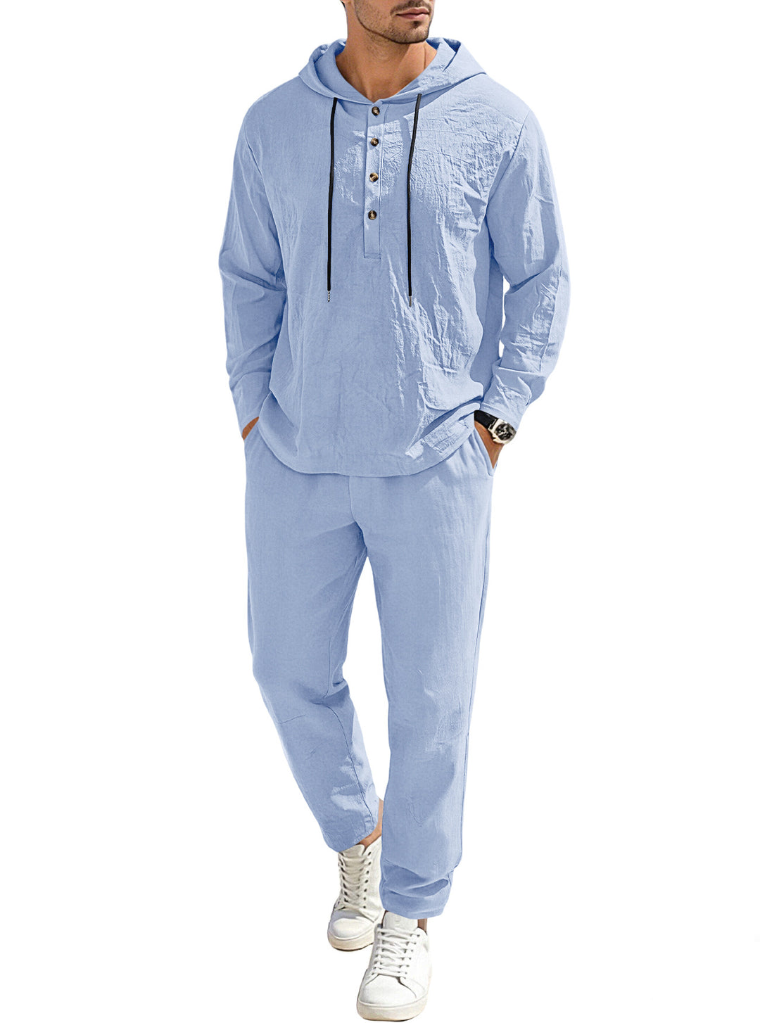Men's relaxed hoodie Henley leisure suit made of lightweight cotton blend with linen look, featuring drawstring and elastic waistband pants Mune Fashion