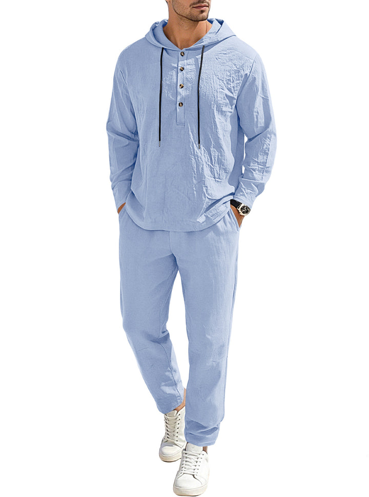 Men's relaxed hoodie Henley leisure suit made of lightweight cotton blend with linen look, featuring drawstring and elastic waistband pants Mune Fashion