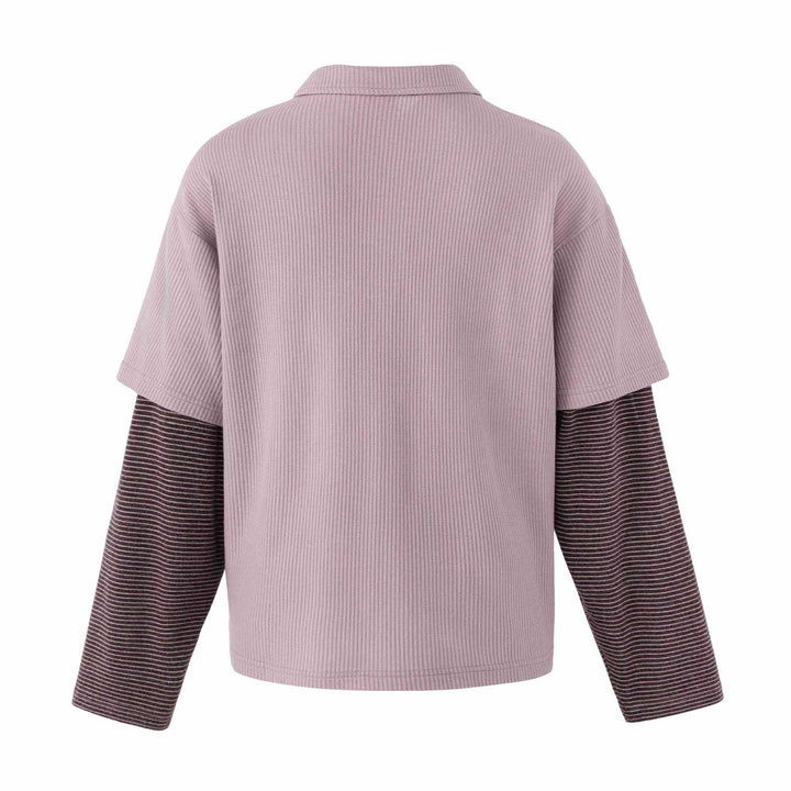 Women's Casual Layered Polo Shirt with Ribbed Texture and Striped Insert Sleeves Mune Fashion