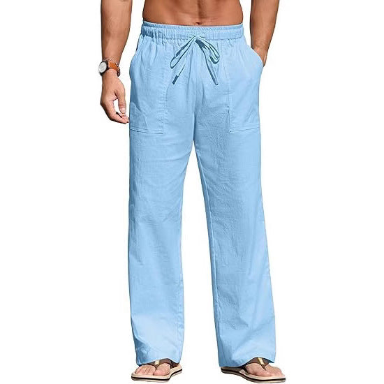 Men's lightweight linen pants with elastic waistband, drawstring, and patch pockets Mune Fashion