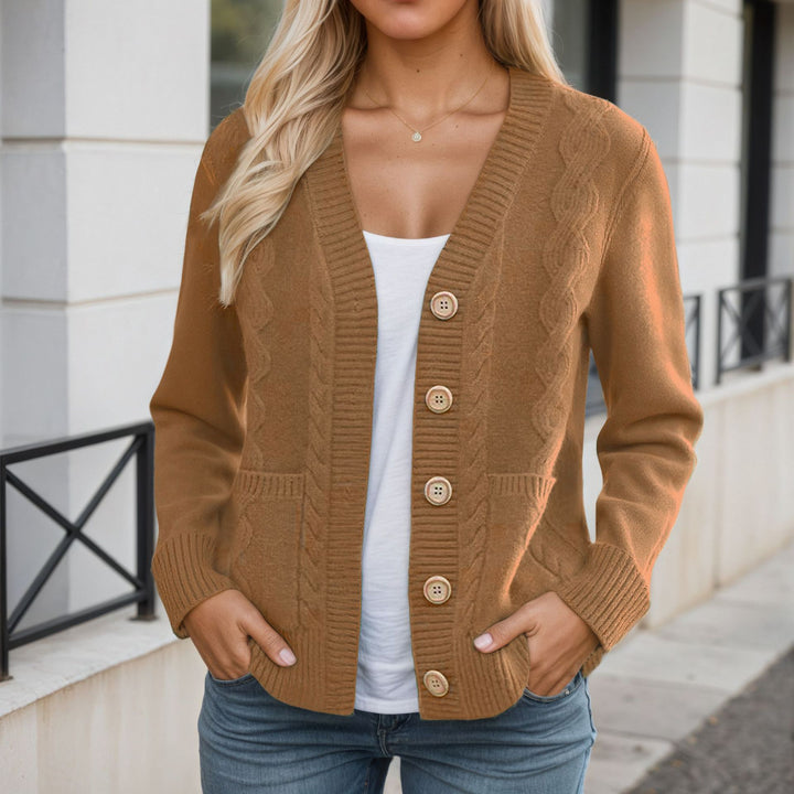 Women’s longer knitted cardigan with cable structure, V-neck and wooden button placket Mune Fashion