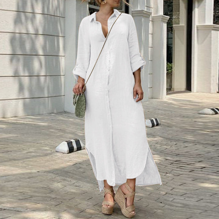 Women's button-up shirt dress with a continuous button placket, side slits, and 3/4 sleeves Mune Fashion