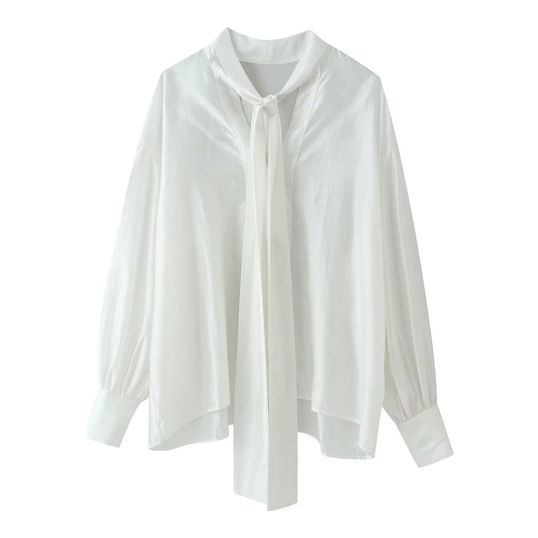 Women's silk-like blouse with loose fit, long ribbon ties and balloon sleeves Mune Fashion