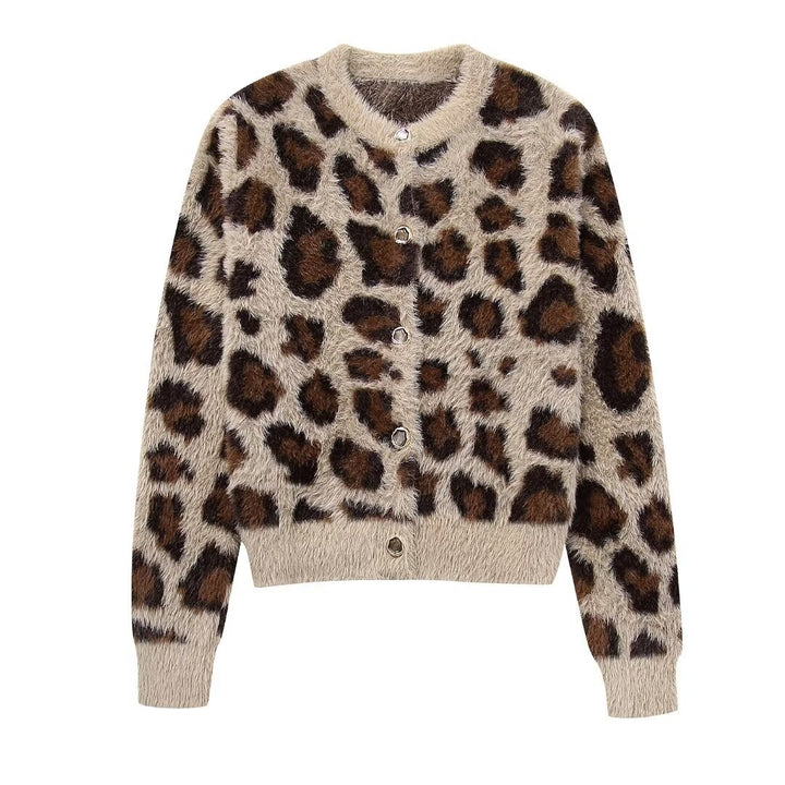 Women's cozy cardigan with leopard pattern, round neck and continuous button placket Mune Fashion