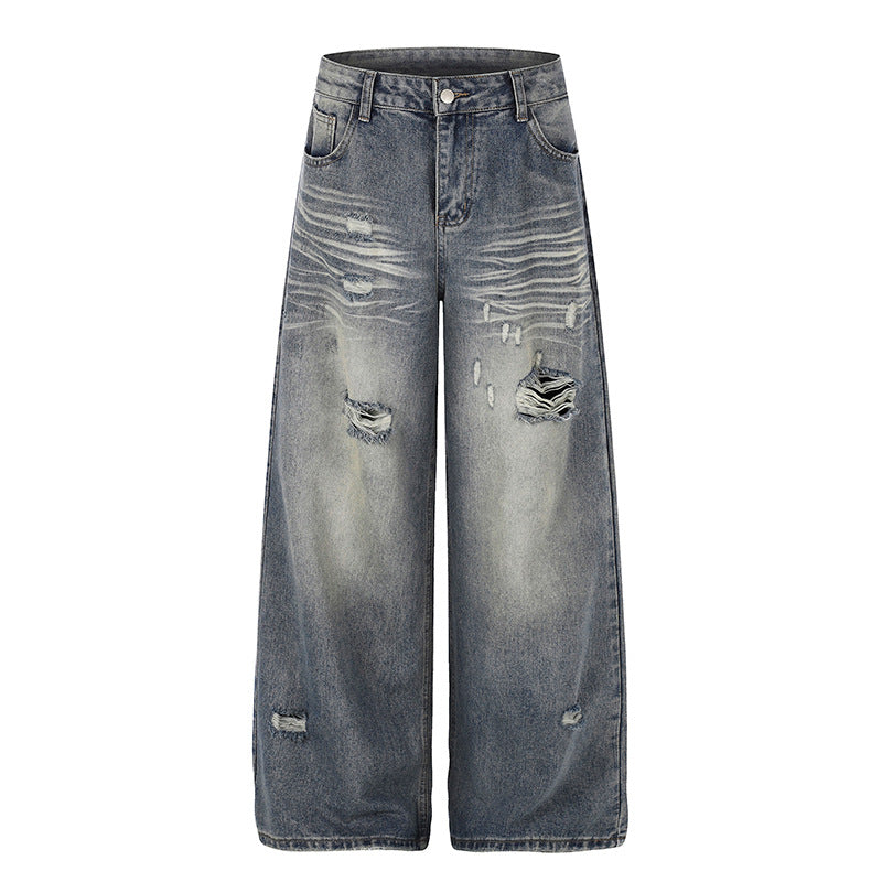 Women's Wide Destroyed Denim Culotte Jeans with High Waist and Used Effect