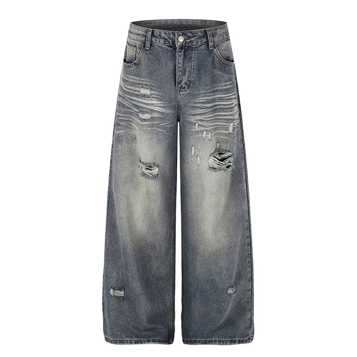 Women's Wide Destroyed Denim Culotte Jeans with High Waist and Used Effect