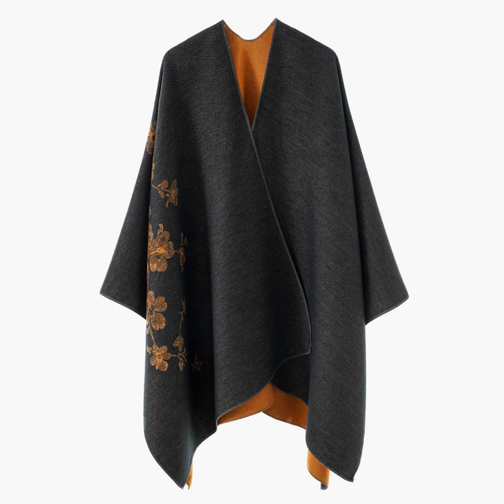 Ladies Open Reversible Wool Blend Cape with Floral Jacquard Pattern