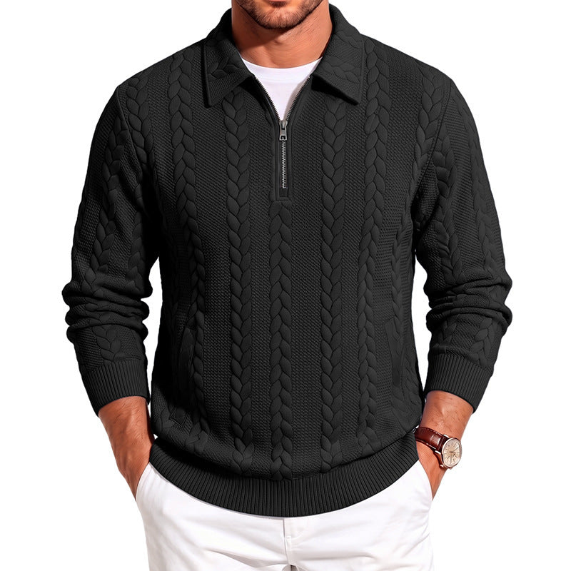 Men's polo collar knit sweater with cable structure and half zip Mune Fashion