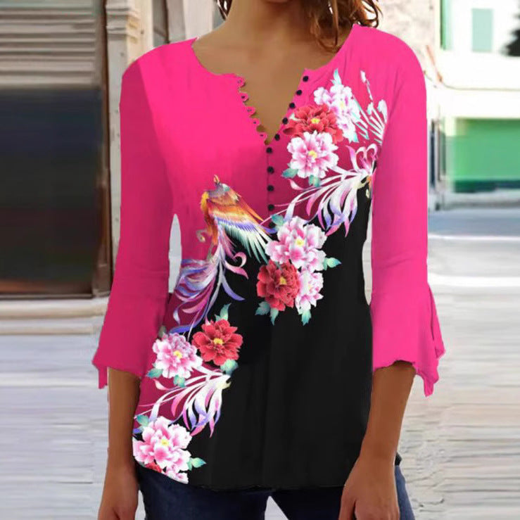 Women's V-neck tunic blouse with floral bird pattern, three-quarter flounce sleeves and figure-flattering hem Mune Fashion