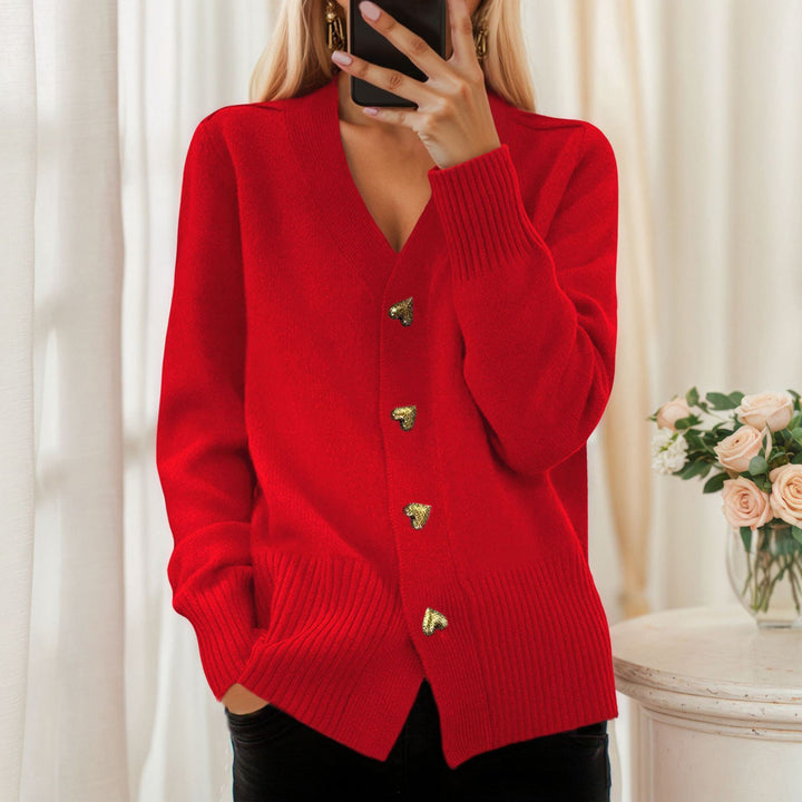 Women's loose knit cardigan with heart buttons and ribbed hem Mune Fashion